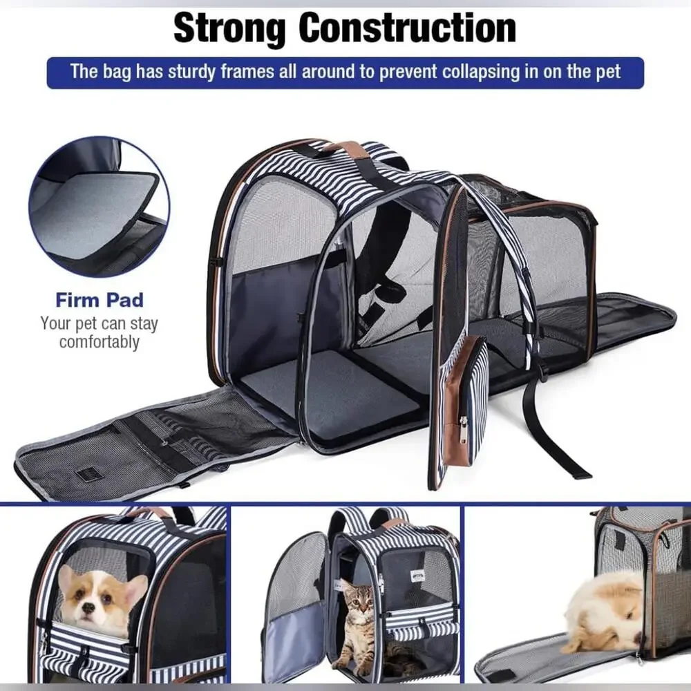 Striped Navy & White Expandable Pet Carrier Travel Bag by